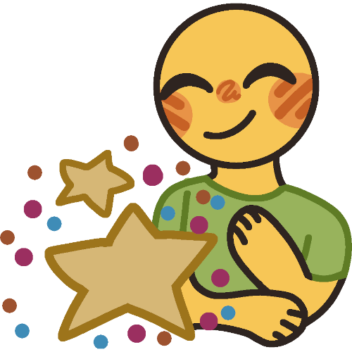 A yellow person with cheek blush and wearing a green shirt is smiling contently, one hand on their chest. Next to them are two large golden stars and confetti in brown, pink, and blue.